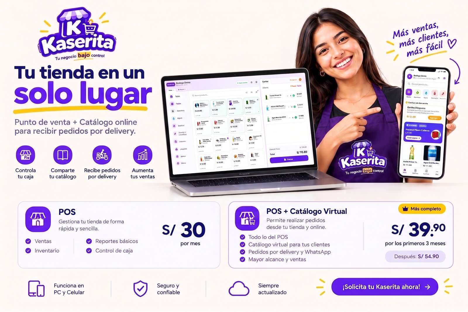 Kaserita: punto de venta en la laptop y catálogo KaseritaDelivery en el celular, con los planes y precios